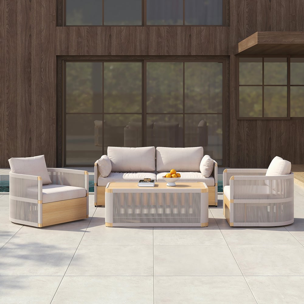 Avis Clients sur Ensemble de 4 canapés d'extérieur modernes en aluminium et corde avec table basse en kaki pour 4