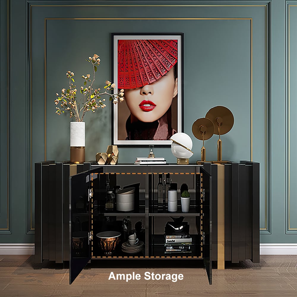 Questions and Answers for Aurea 63" Light Luxury Sideboard Black Rectangular Buffet with 2 Doors 2 Shelves in Gold