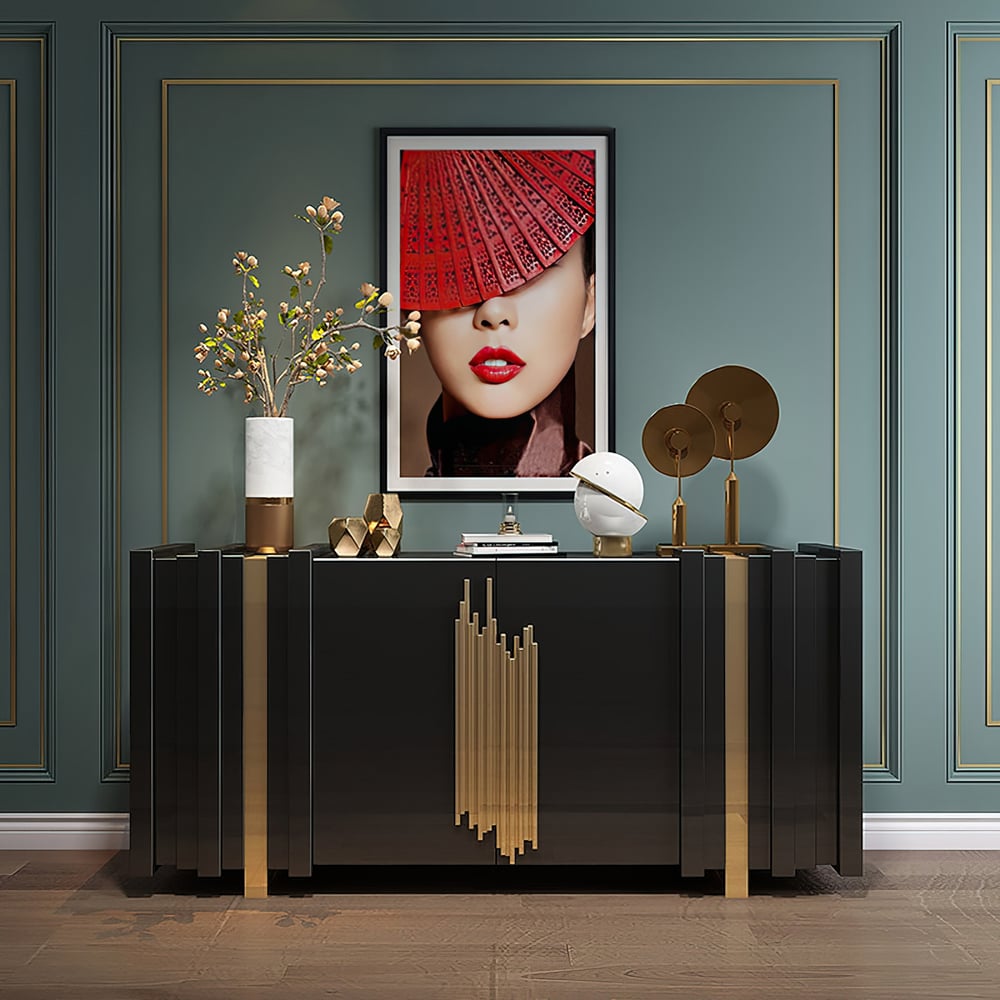 Questions and Answers for Aurea 63" Light Luxury Sideboard Black Rectangular Buffet with 2 Doors 2 Shelves in Gold