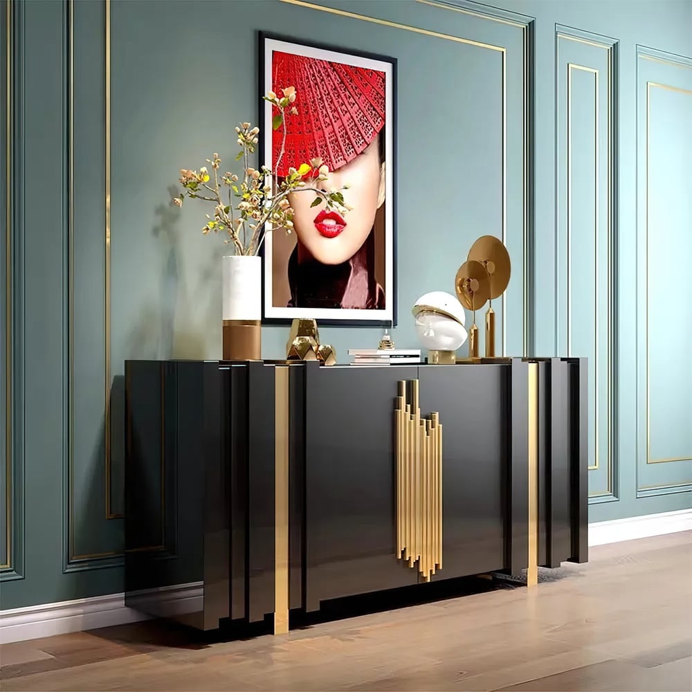 Questions and Answers for Aurea 63" Light Luxury Sideboard Black Rectangular Buffet with 2 Doors 2 Shelves in Gold