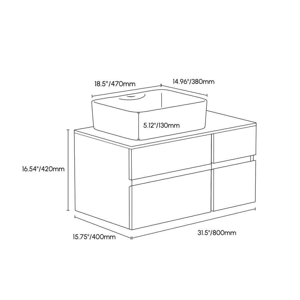 31.5" Walnut Floating Bathroom Vanity Left Offset Ceramic Vessel Sink weights dimensions image