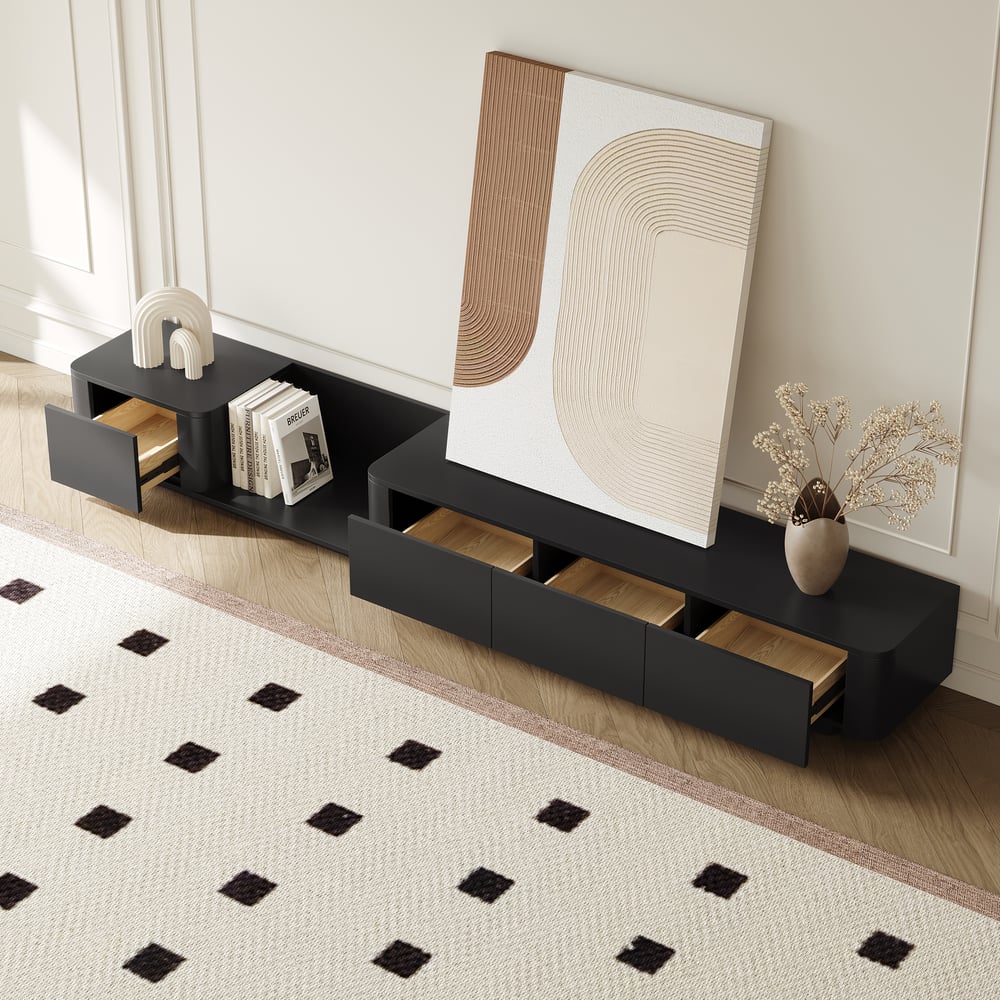 Questions and Answers for Extendable Black Modern TV Stand with 4 Drawers(78"-108")