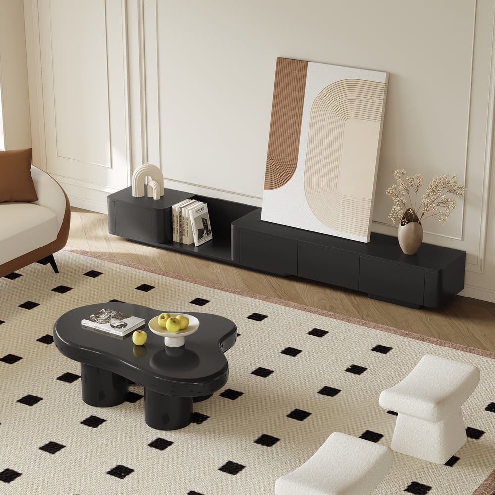 Questions and Answers for Extendable Black Modern TV Stand with 4 Drawers(78"-108")