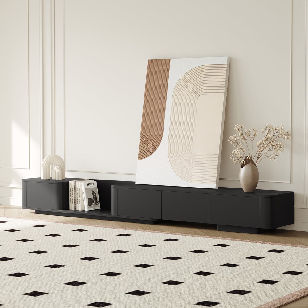 Questions and Answers for Extendable Black Modern TV Stand with 4 Drawers(78"-108")