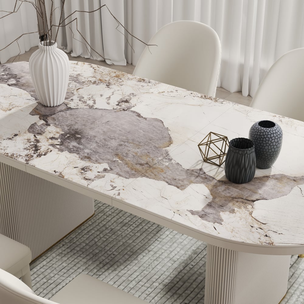 Questions and Answers for 2000mm-2400mm Oval Extendable Sintered Stone Top Dining Table White Seats 6-10