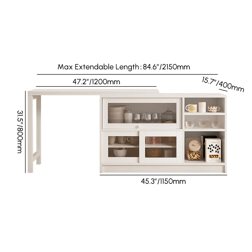 47" White Storage Sideboard Cabinet Extendable Wood Buffet Foldable Dining Table weights dimensions image