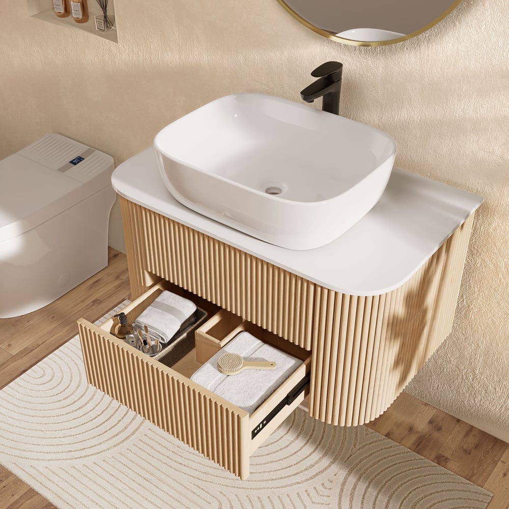 Questions et Réponses pour Vanité de salle de bain flottante cannelée de 800 mm avec dessus en pierre frittée à vasque unique