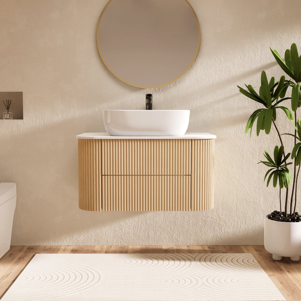 Questions et Réponses pour Vanité de salle de bain flottante cannelée de 800 mm avec dessus en pierre frittée à vasque unique