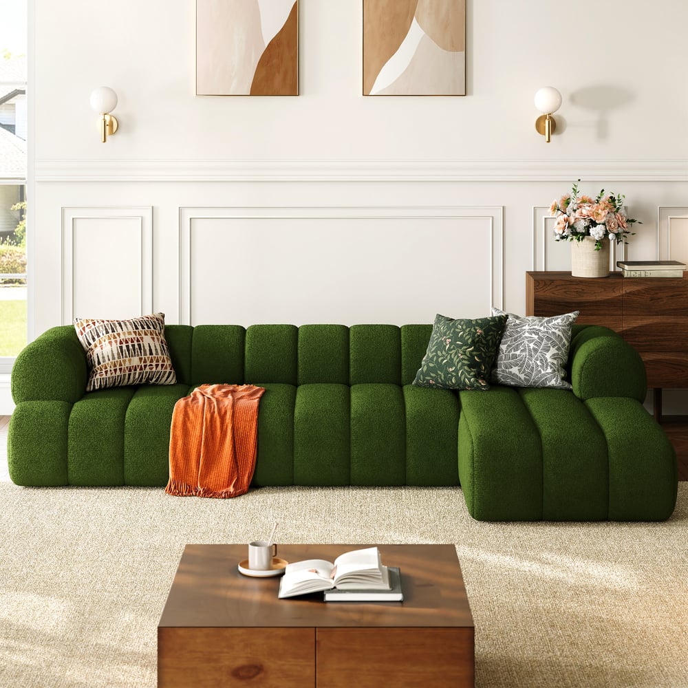 Avis Clients sur Canapé modulaire 3 pièces Nimbus en velours chenille avec chaise longue à droite et revêtement côtelé