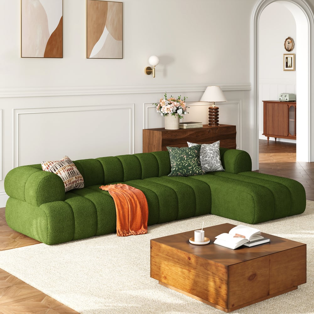 Avis Clients sur Canapé modulaire 3 pièces Nimbus en velours chenille avec chaise longue à droite et revêtement côtelé