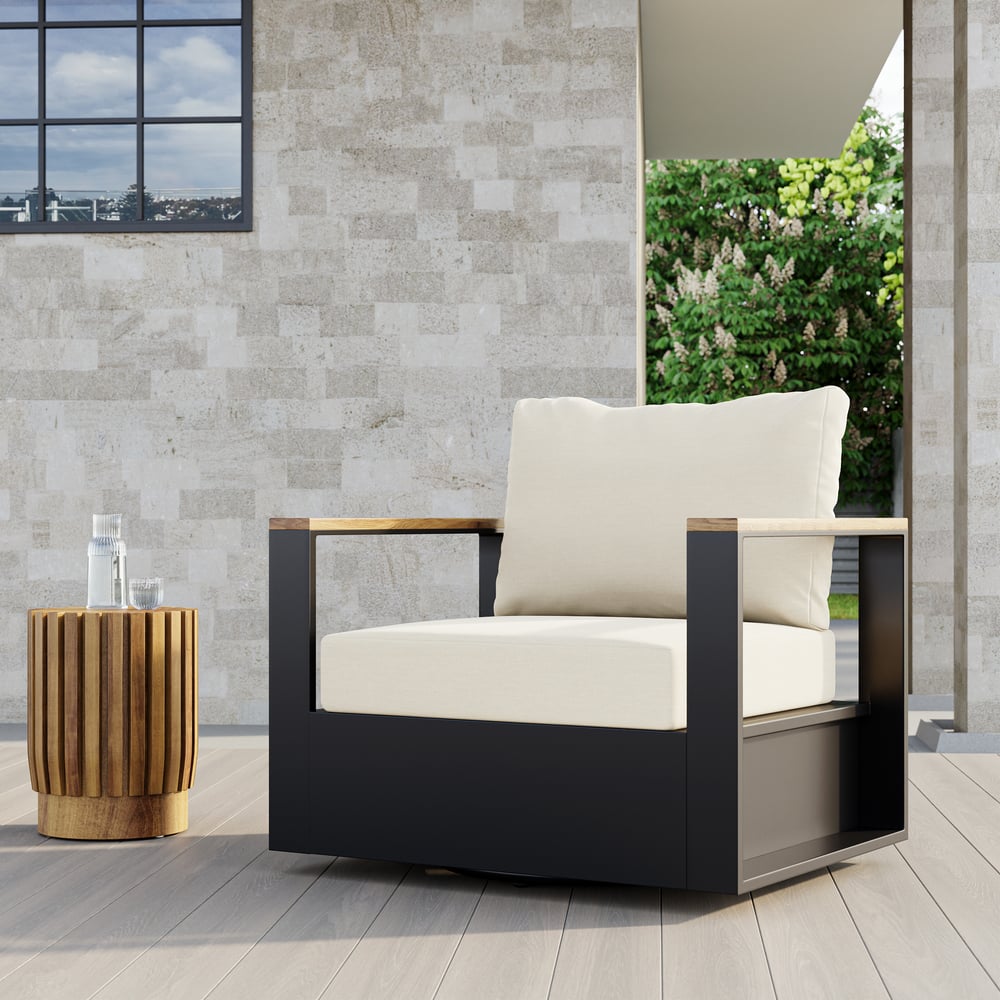 Pytania i odpowiedzi dla Zewnętrzne beżowe krzesło obrotowe z drewna i aluminium z zestawem poduszek 2 szt