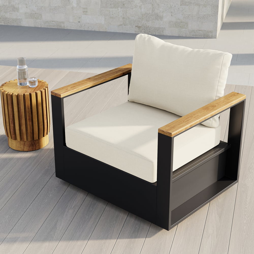 Pytania i odpowiedzi dla Zewnętrzne beżowe krzesło obrotowe z drewna i aluminium z zestawem poduszek 2 szt