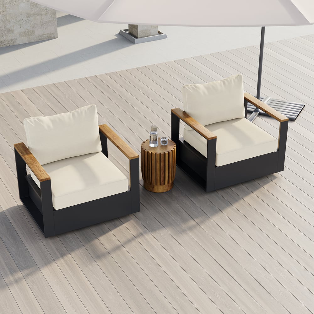 Pytania i odpowiedzi dla Zewnętrzne beżowe krzesło obrotowe z drewna i aluminium z zestawem poduszek 2 szt