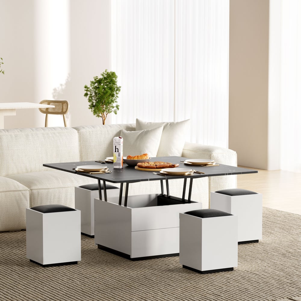Vragen en antwoorden voor Moderne 120cm sintered stone lift-top salontafel met lades