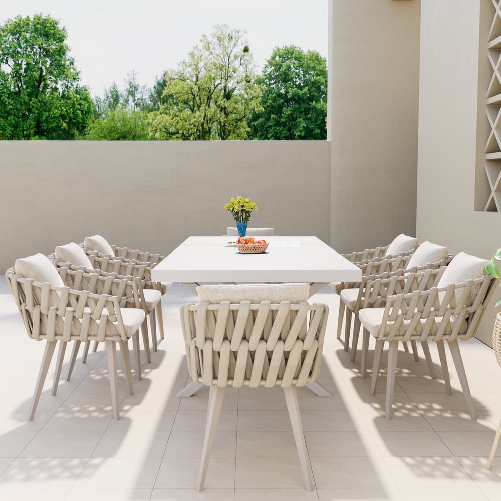 Questions et Réponses pour Ensemble de salle à manger d'extérieur 9 pièces avec table extensible et 8 chaises en corde tressée blanches