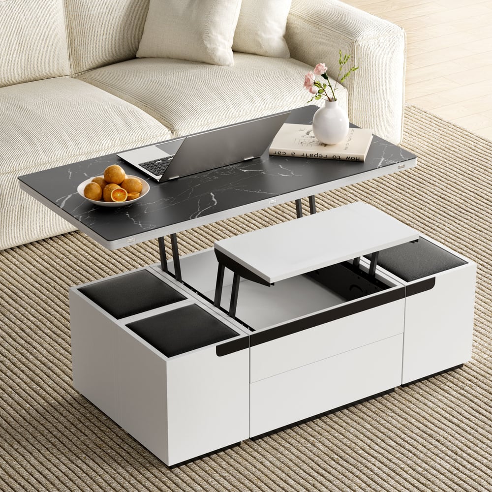 Questions et Réponses pour Table basse relevable multifonctionnelle en pierre frittée avec rangement et tabourets - noir