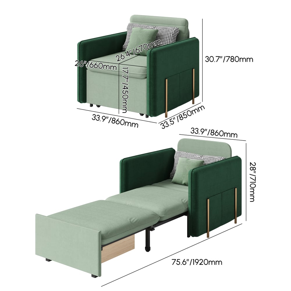 33.9" 1-Seater Velvet Convertible Sleeper Sofa weights dimensions image