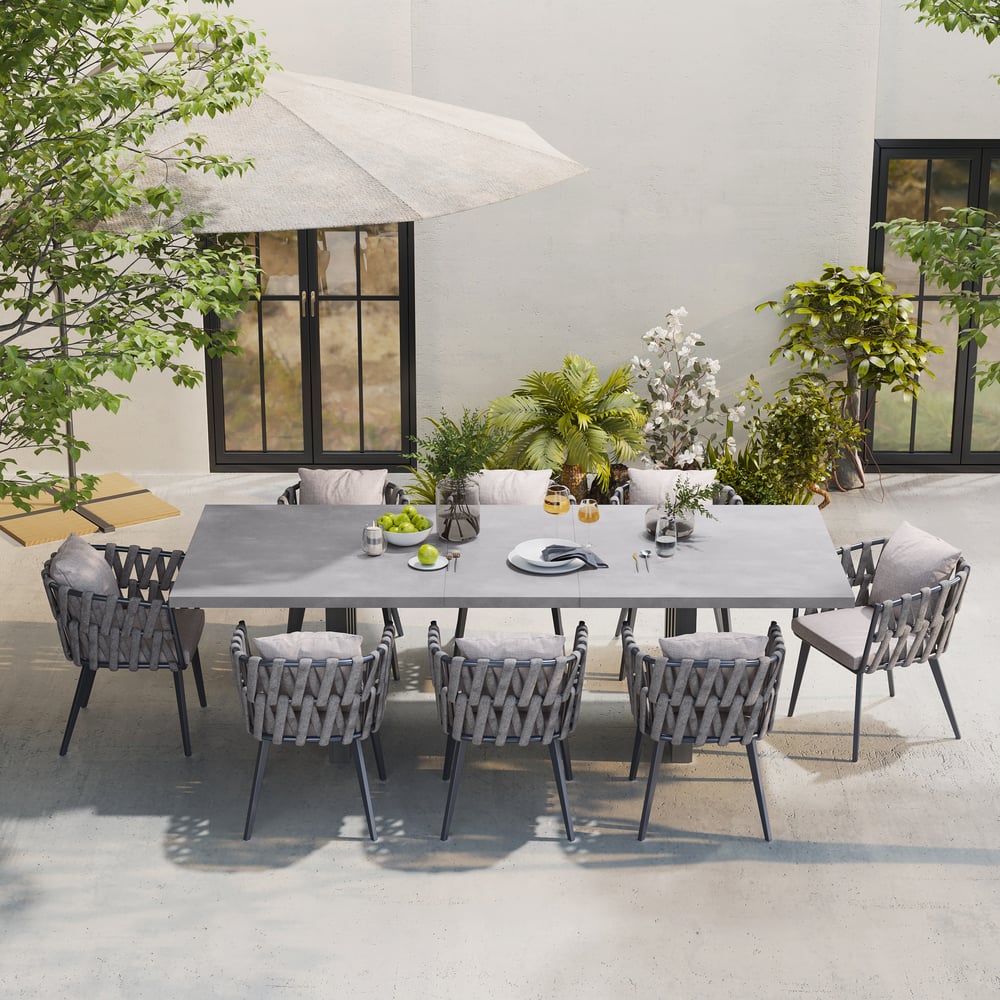 Questions and Answers for 9 Pieces Gray Aluminum Outdoor Patio Dining Set with Extendable Table and Woven Armchair