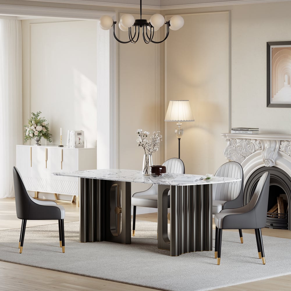 Perguntas e respostas para Mesa de jantar retangular moderna de pedra sinterizada de 78,7 polegadas acomoda 6-8 pessoas