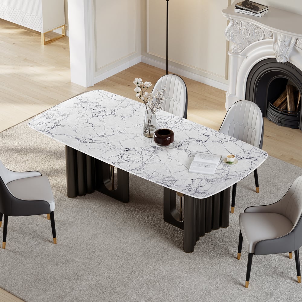 Perguntas e respostas para Mesa de jantar retangular moderna de pedra sinterizada de 78,7 polegadas acomoda 6-8 pessoas