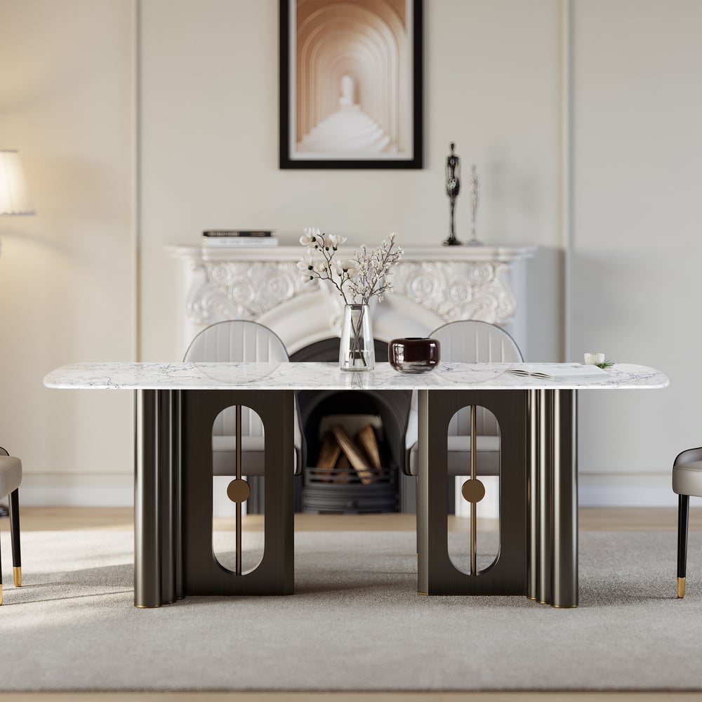 Perguntas e respostas para Mesa de jantar retangular moderna de pedra sinterizada de 78,7 polegadas acomoda 6-8 pessoas