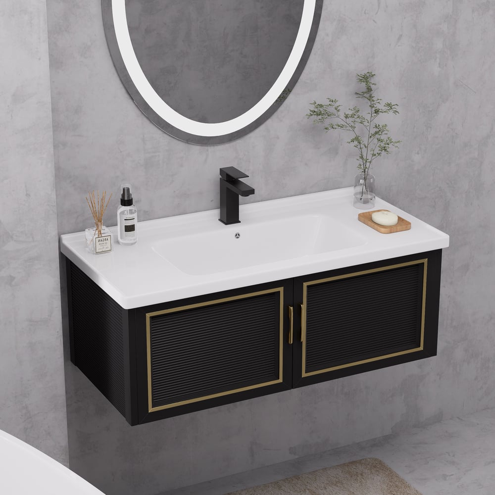 Questions and Answers for 40" Black Floating Bathroom Vanity Set Drop-In Ceramic Sink with Cabinet
