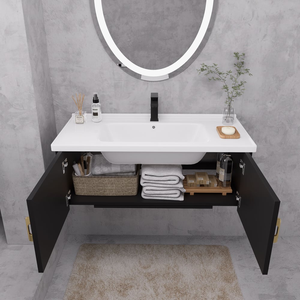 Questions and Answers for 40" Black Floating Bathroom Vanity Set Drop-In Ceramic Sink with Cabinet
