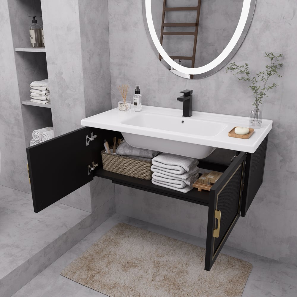 Questions and Answers for 40" Black Floating Bathroom Vanity Set Drop-In Ceramic Sink with Cabinet