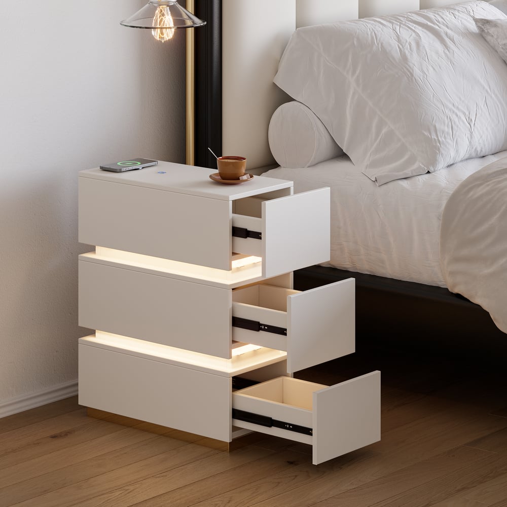 Smal nachtkastje met 3 lades, LED, USB en draadloos opladen van wit hout, slim nachtkastje 24 cm breed｜Homary  DE