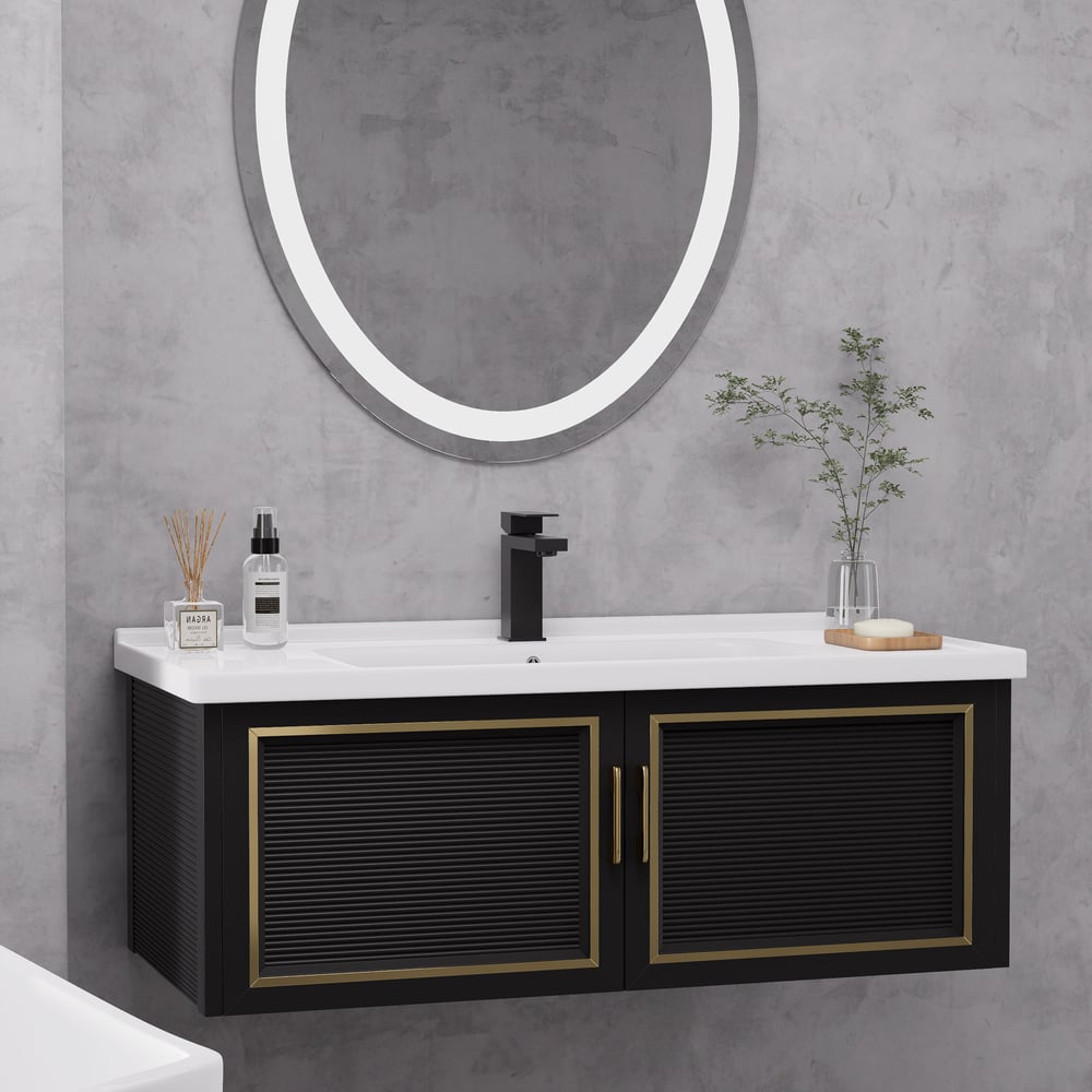 Questions and Answers for 40" Black Floating Bathroom Vanity Set Drop-In Ceramic Sink with Cabinet