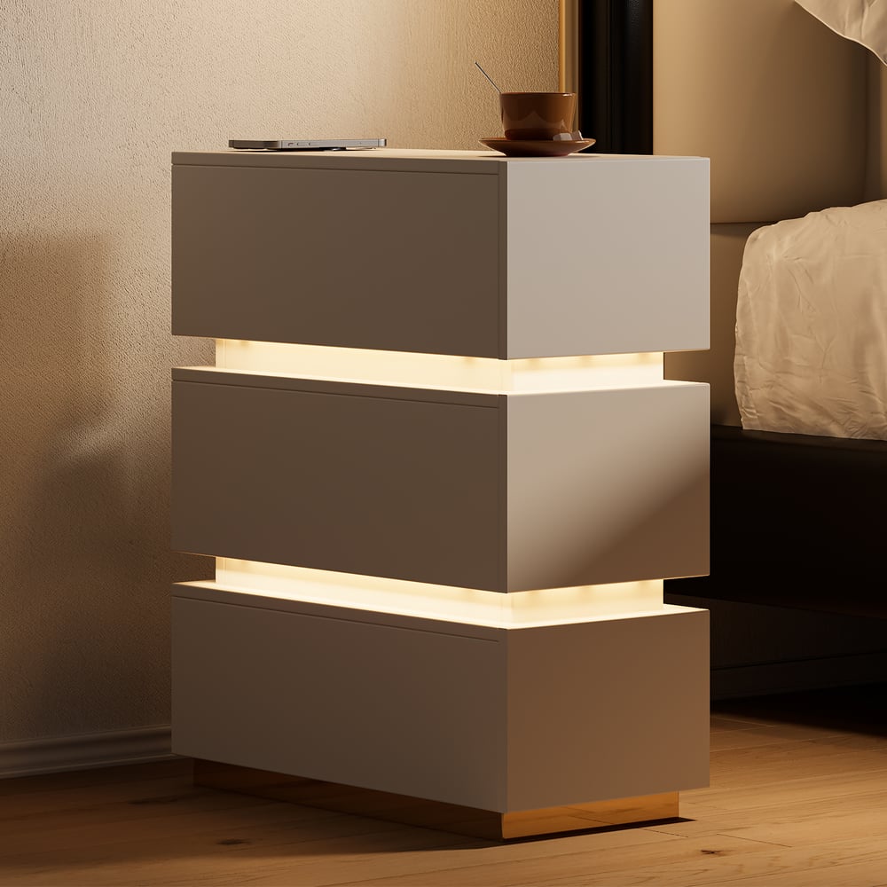 Smal nachtkastje met 3 lades, LED, USB en draadloos opladen van wit hout, slim nachtkastje 24 cm breed｜Homary  DE