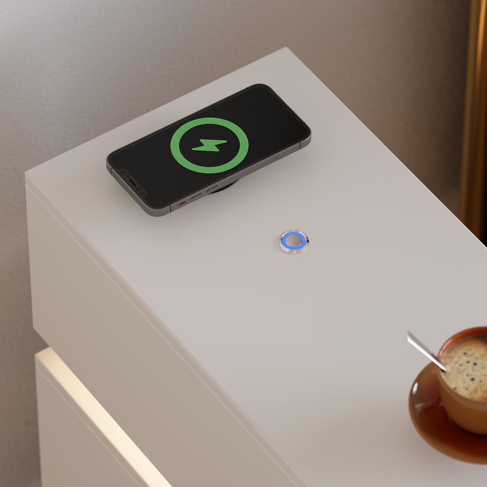 Smal nachtkastje met 3 lades, LED, USB en draadloos opladen van wit hout, slim nachtkastje 24 cm breed｜Homary  DE