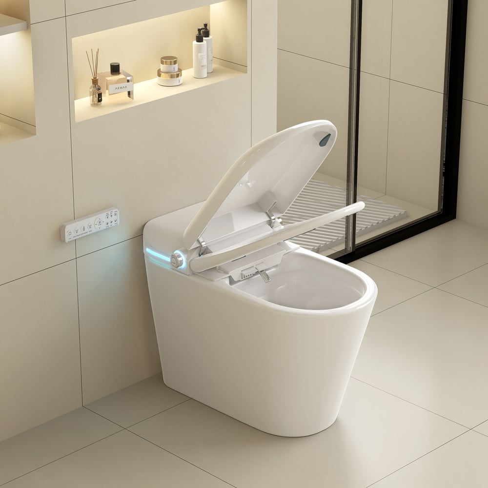 Perguntas e respostas para Banheiro inteligente moderno e alongado de uma peça com tanque embutido e aromaterapia