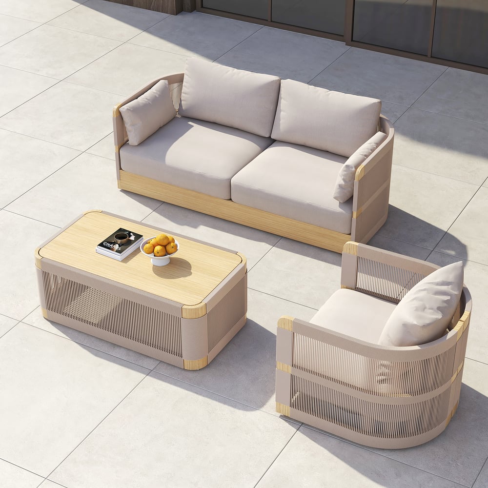 Questions and Answers for 3-Pieces Modern Aluminum & Rope Outdoor Swivel Sofa Set with Coffee Table in Khaki for 4