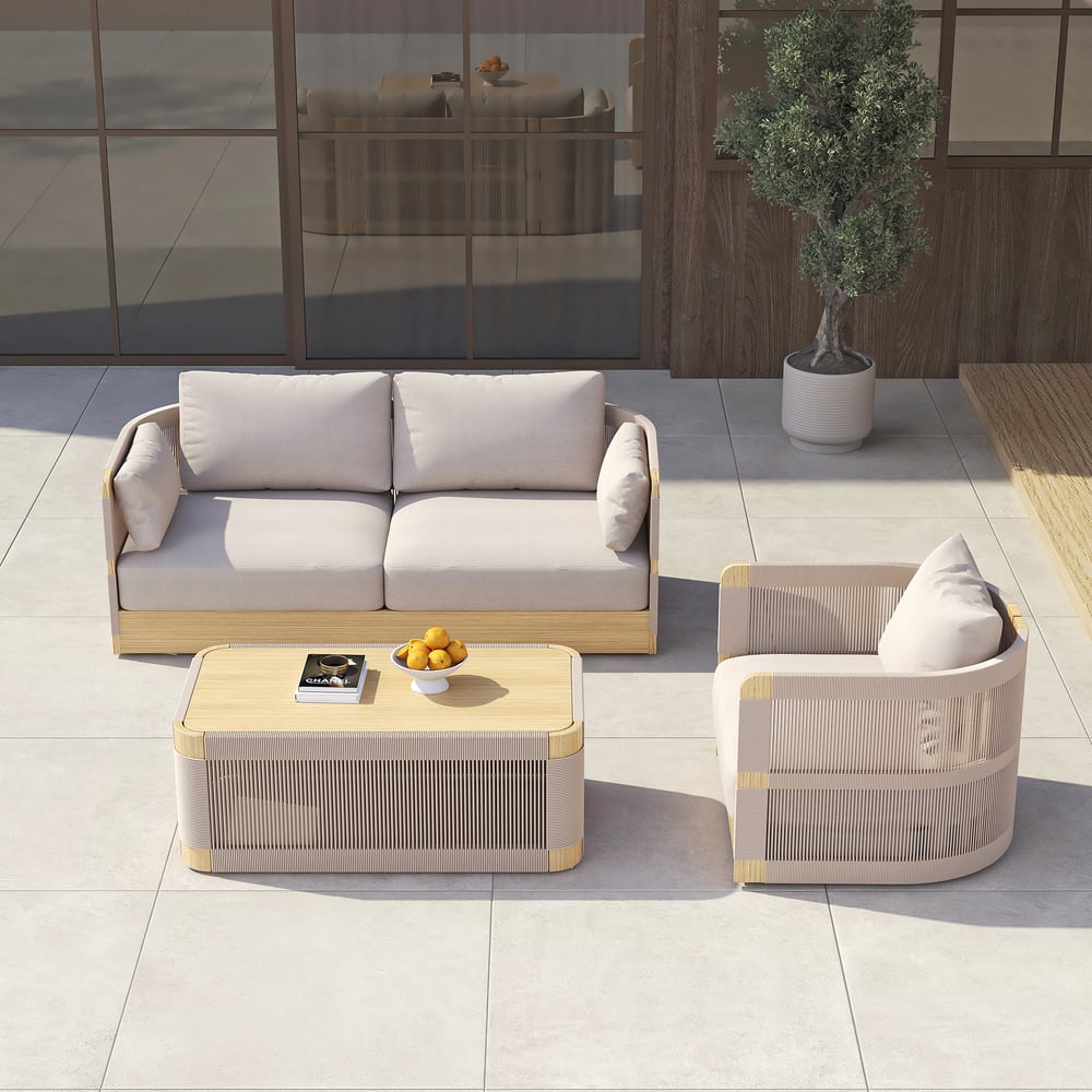Questions and Answers for 3-Pieces Modern Aluminum & Rope Outdoor Swivel Sofa Set with Coffee Table in Khaki for 4