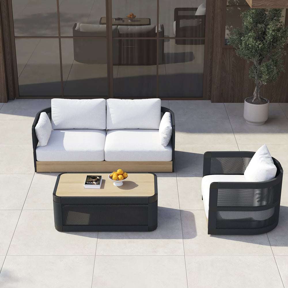 Avaliações de clientes sobre Conjunto de sofá giratório moderno de alumínio e corda de 3 peças com mesa de café em preto para 4