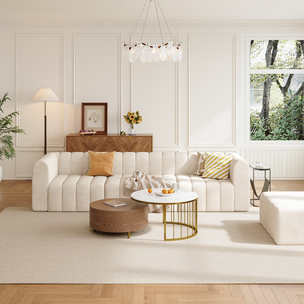 Avis Clients sur Ensemble de canapé sectionnel modulaire en velours blanc cassé, 3020 mm, convertible, rembourré, 4 pièces