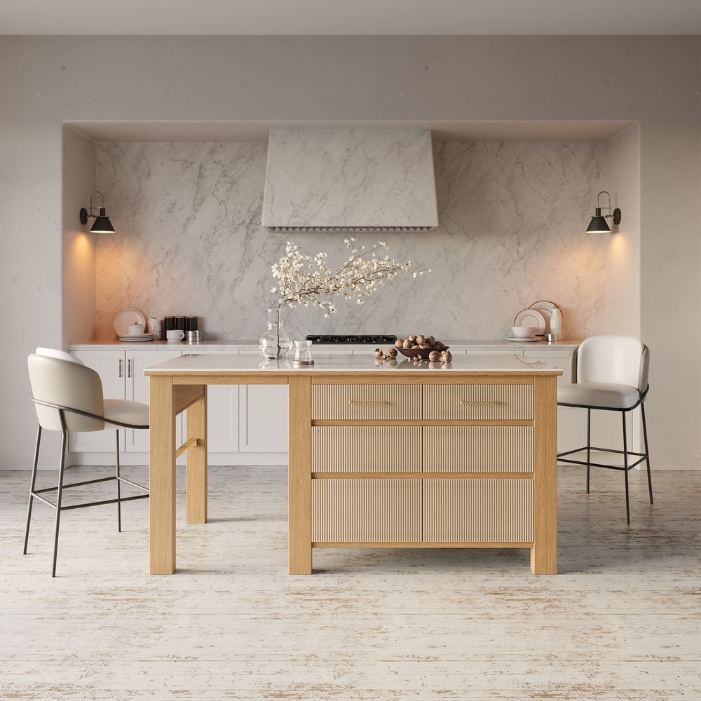 Perguntas e respostas para Ilha de cozinha de madeira de carvalho com tampo de pedra sinterizada de 70,9" com armazenamento natural