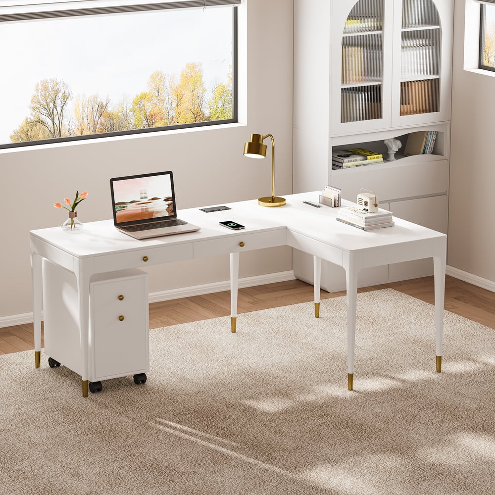 Reseñas de Clientes para Escritorio de oficina ejecutivo blanco en forma de L con escritorio de pie ajustable para la mano derecha (70.9 pulgadas)