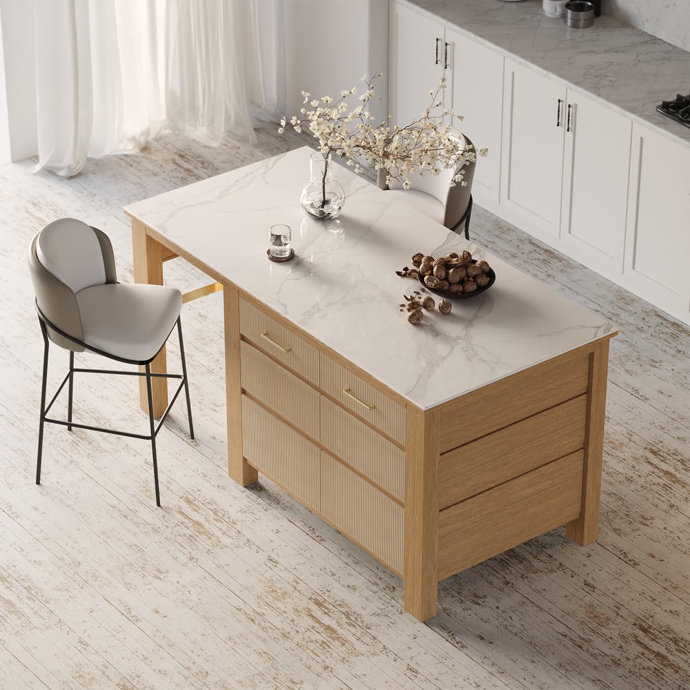 Perguntas e respostas para Ilha de cozinha de madeira de carvalho com tampo de pedra sinterizada de 70,9" com armazenamento natural