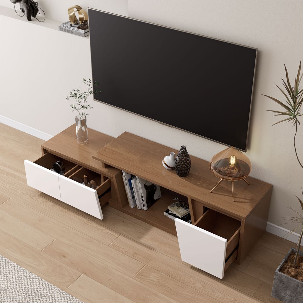 Perguntas e respostas para Armário de TV extensível Fero com 3 gavetas de 120 cm a 180 cm em branco e nogueira