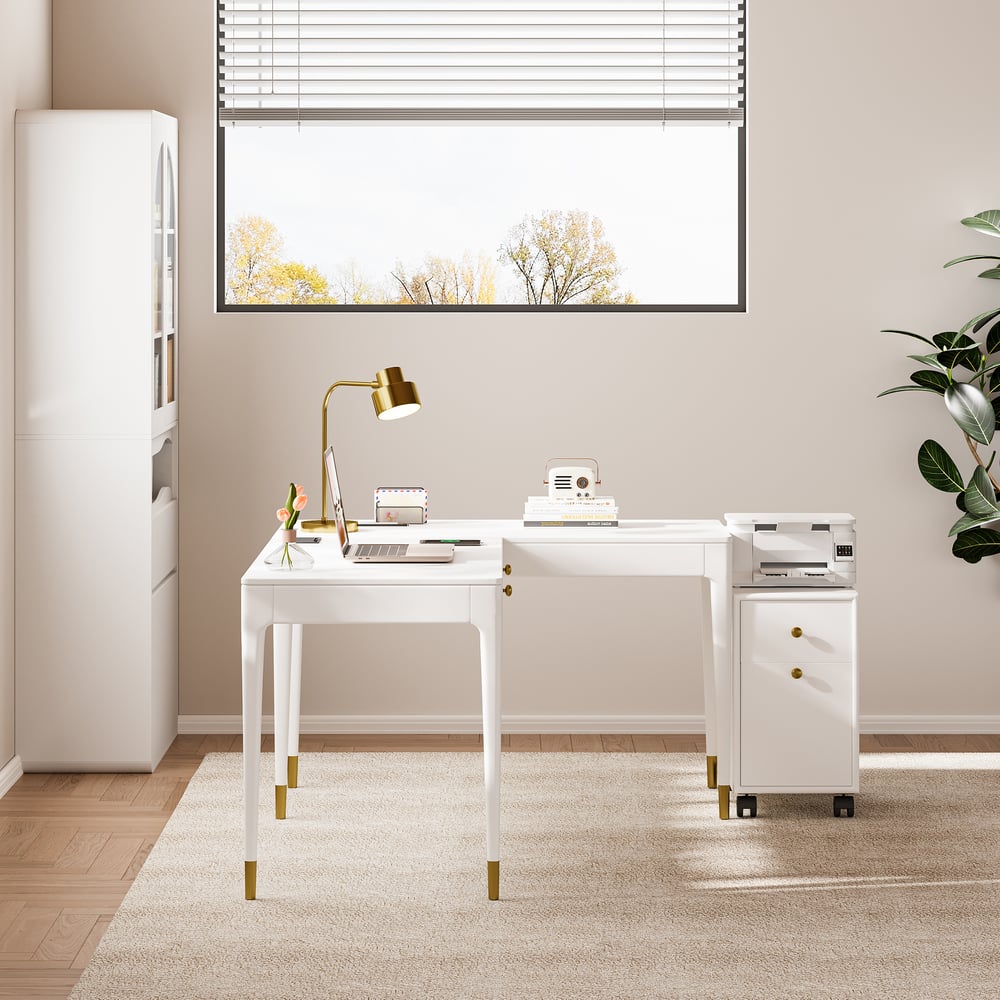 Reseñas de Clientes para Escritorio de oficina ejecutivo blanco en forma de L con escritorio de pie ajustable para la mano derecha (70.9 pulgadas)