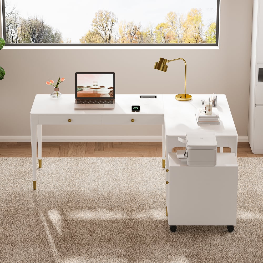 Reseñas de Clientes para Escritorio de oficina ejecutivo blanco en forma de L con escritorio de pie ajustable para la mano derecha (70.9 pulgadas)