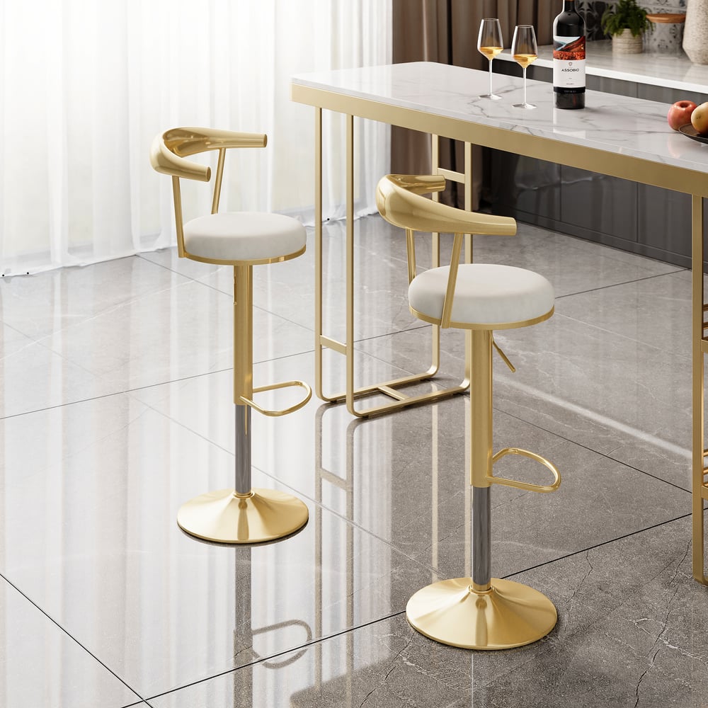 Questions et Réponses pour Tabouret de bar moderne, rembourré en velours, réglable et pivotant, blanc avec repose-pieds