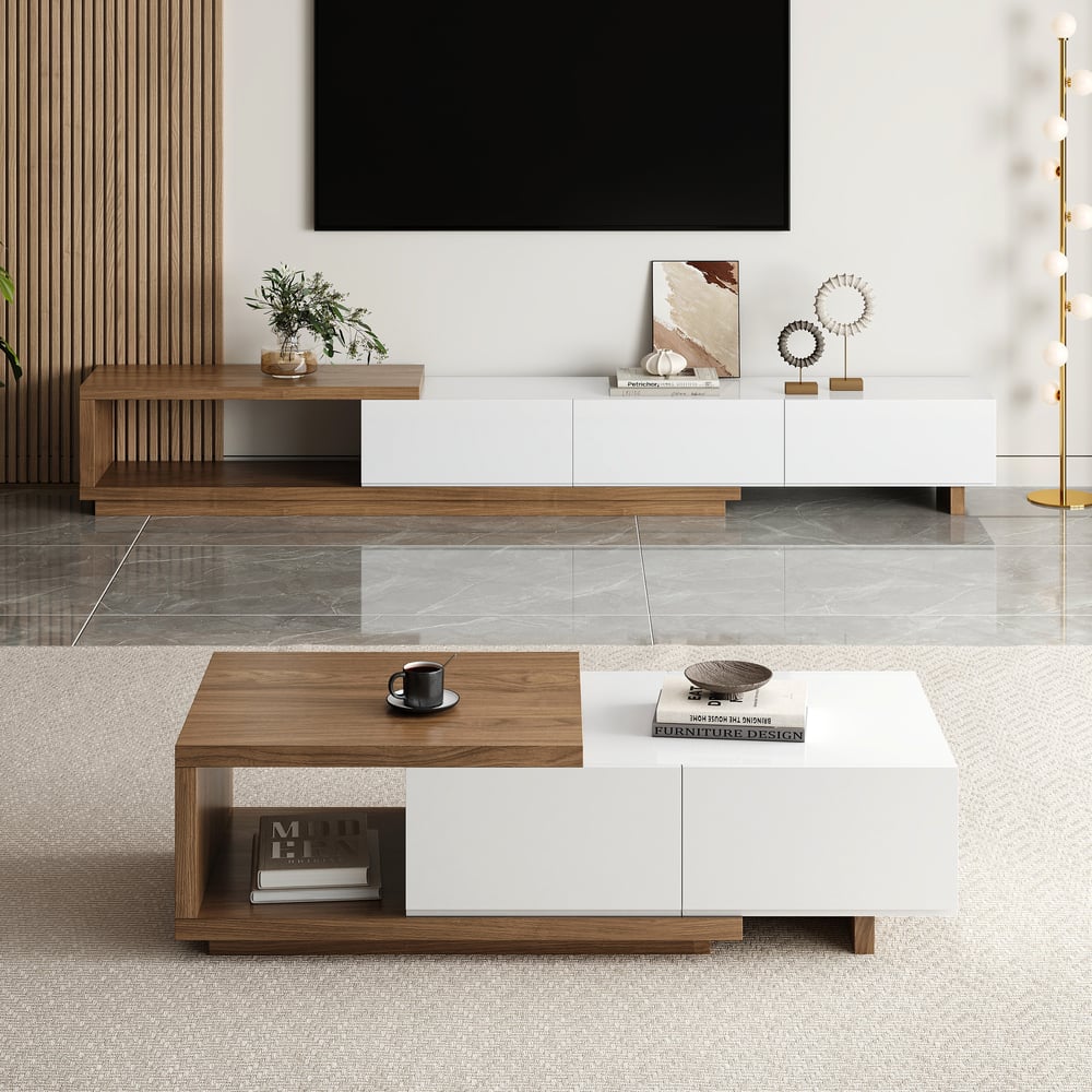 Questions et Réponses pour Meuble TV Blanc et Noyer Moderne Console Rétractable et Extensible à 3 Tiroirs