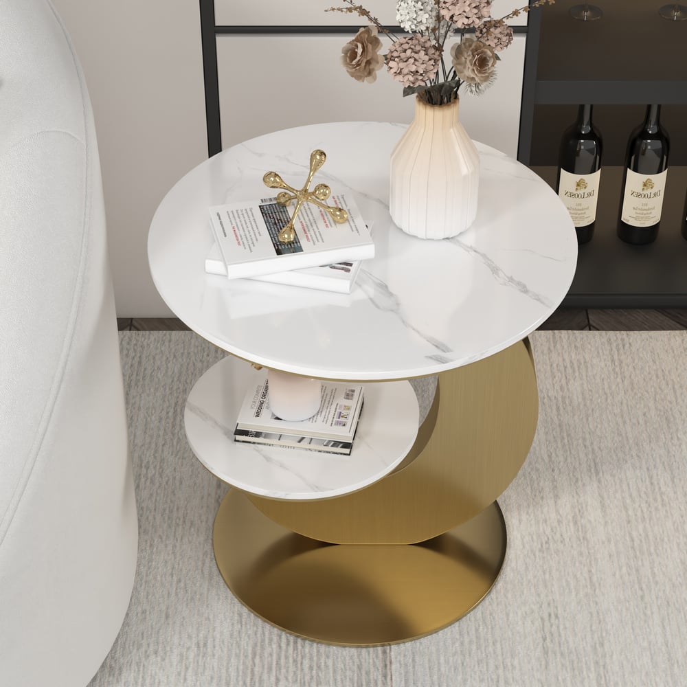 Questions et Réponses pour Table d'appoint ronde en forme de lune dorée à 2 niveaux en pierre frittée de 500 mm