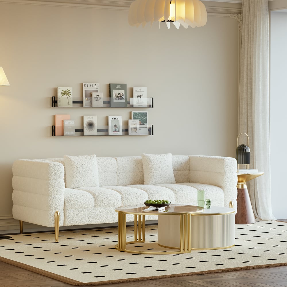 Questions and Answers for Axial 201 cm Boucle Fluted Sofa with Gold Legs & Pillows