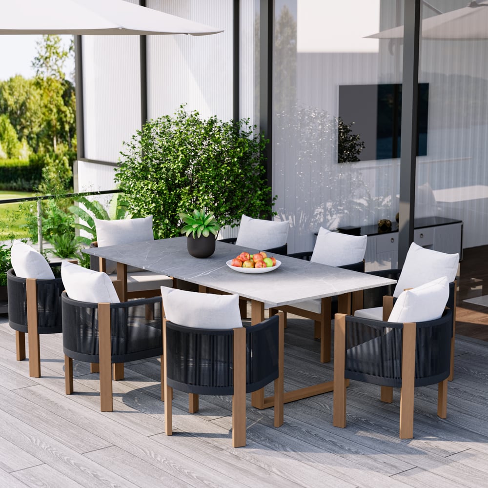 Customer Reviews for 9-Pieces Faux Marble Outdoor Dining Set with Woven Rope Chairs for 8 Person (2200mm)