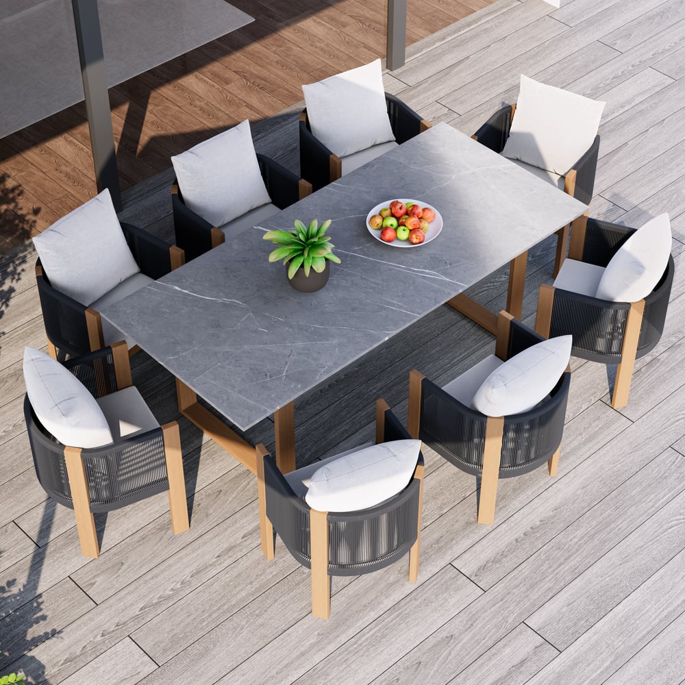 Customer Reviews for 9-Pieces Faux Marble Outdoor Dining Set with Woven Rope Chairs for 8 Person (2200mm)
