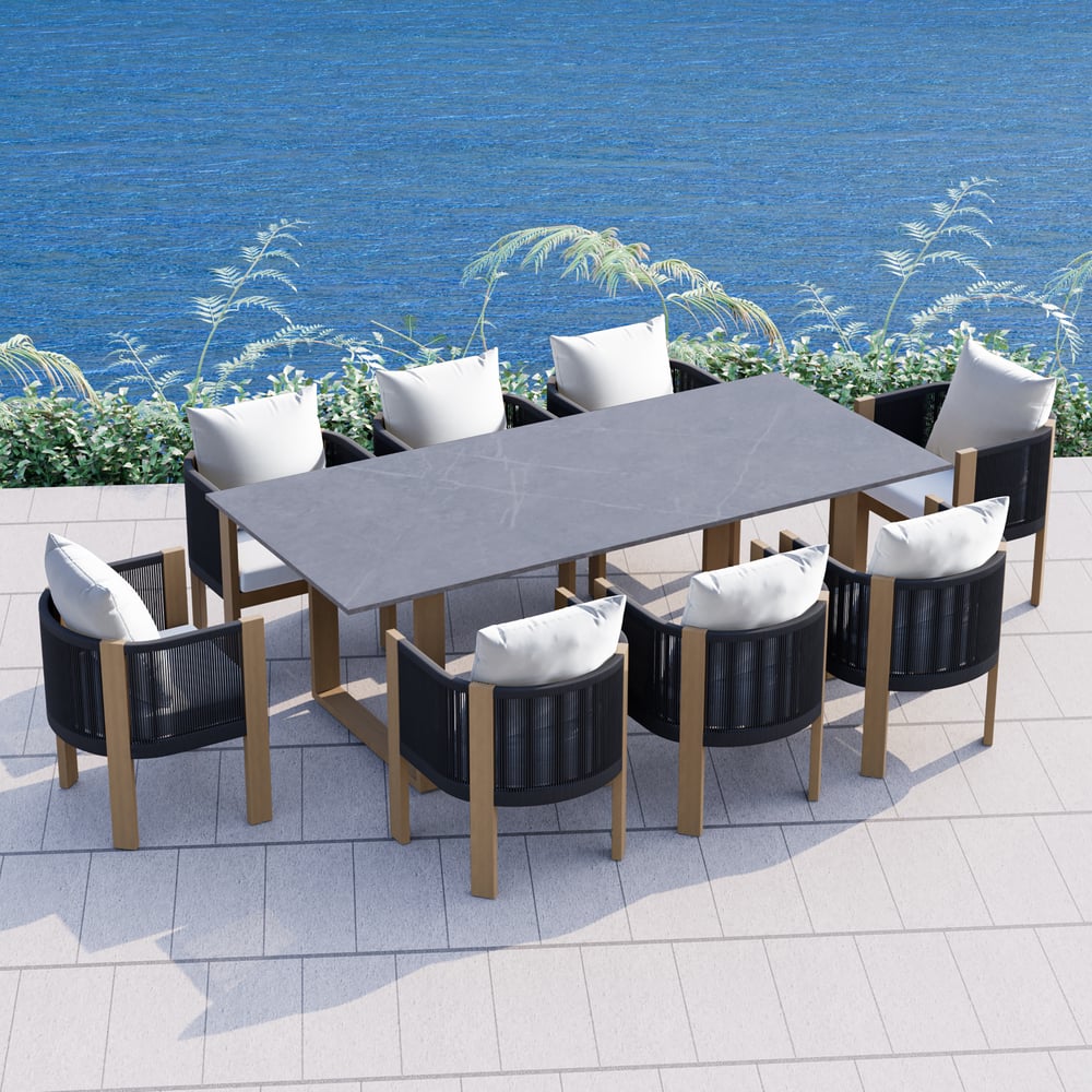 Customer Reviews for 9-Pieces Faux Marble Outdoor Dining Set with Woven Rope Chairs for 8 Person (2200mm)